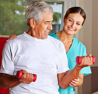 senior man exercising guide by his therapist
